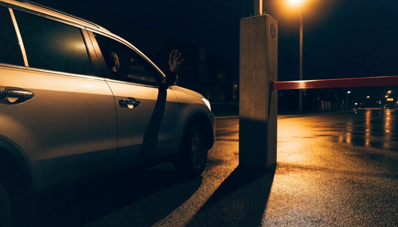 Car pausing at the parking entry barrier at night