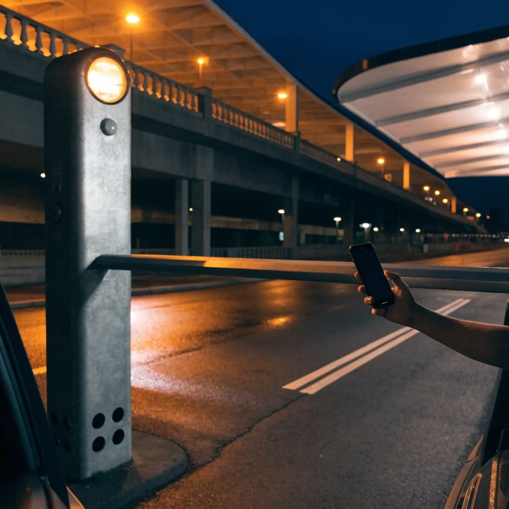 Melbourne Airport parking decks at night seen from the access road