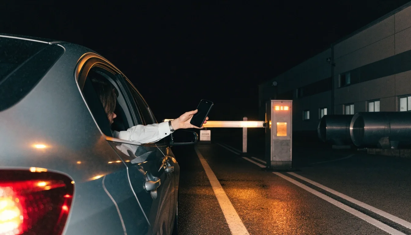 Car paying cashless at a Melbourne Airport parking barrier at night