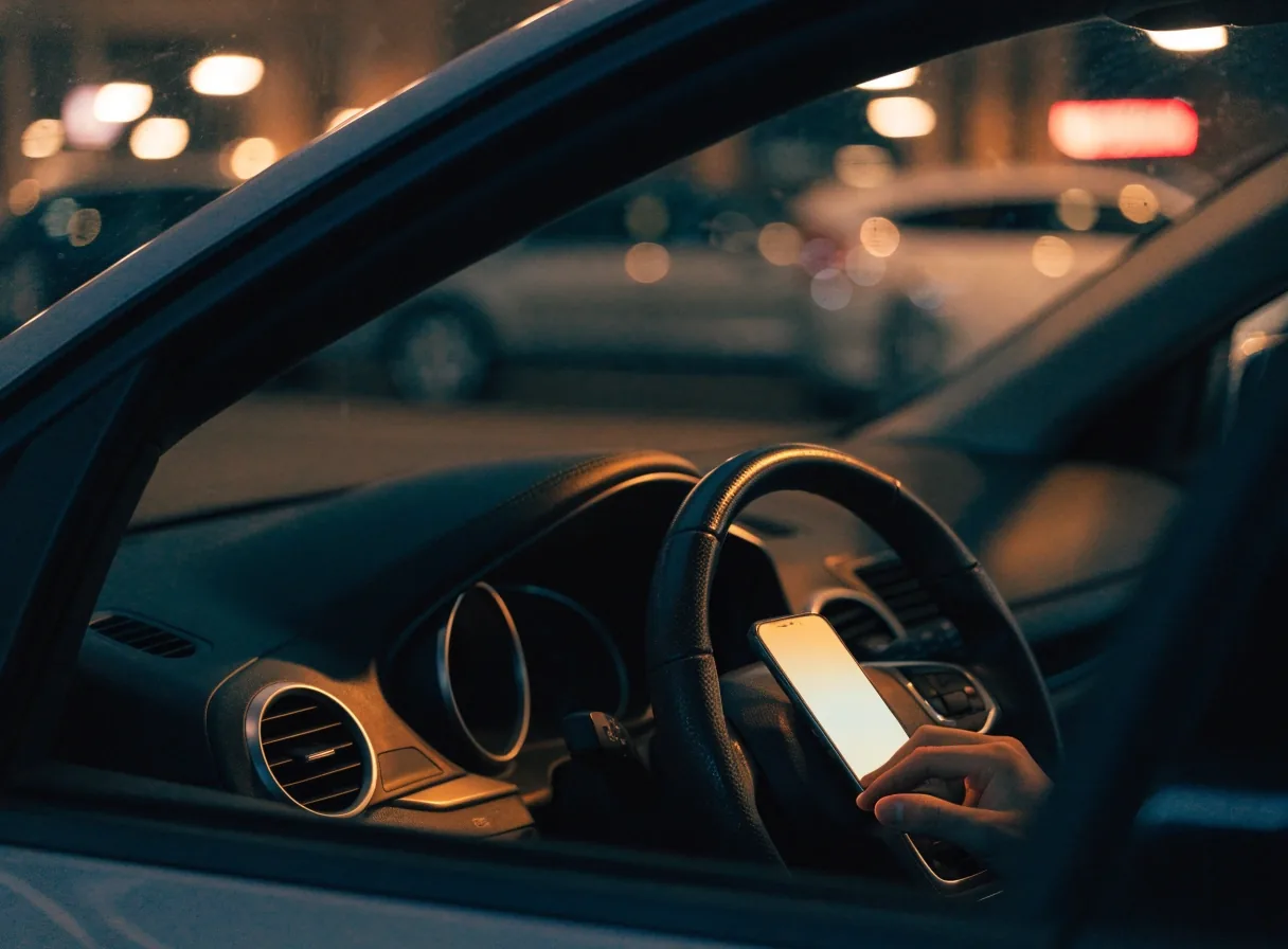 Driver using a phone wallet inside a car at Melbourne Airport parking at night