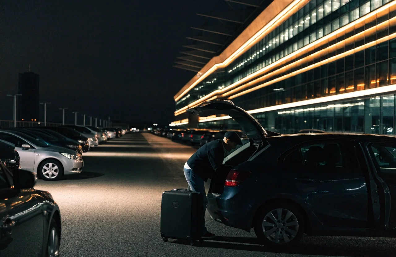 Terminal multi-deck car park interior at night