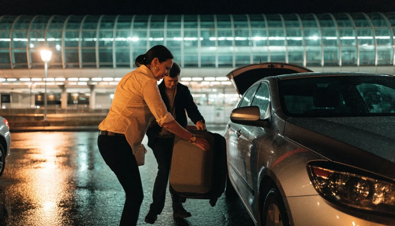 Airport parking help counter at night