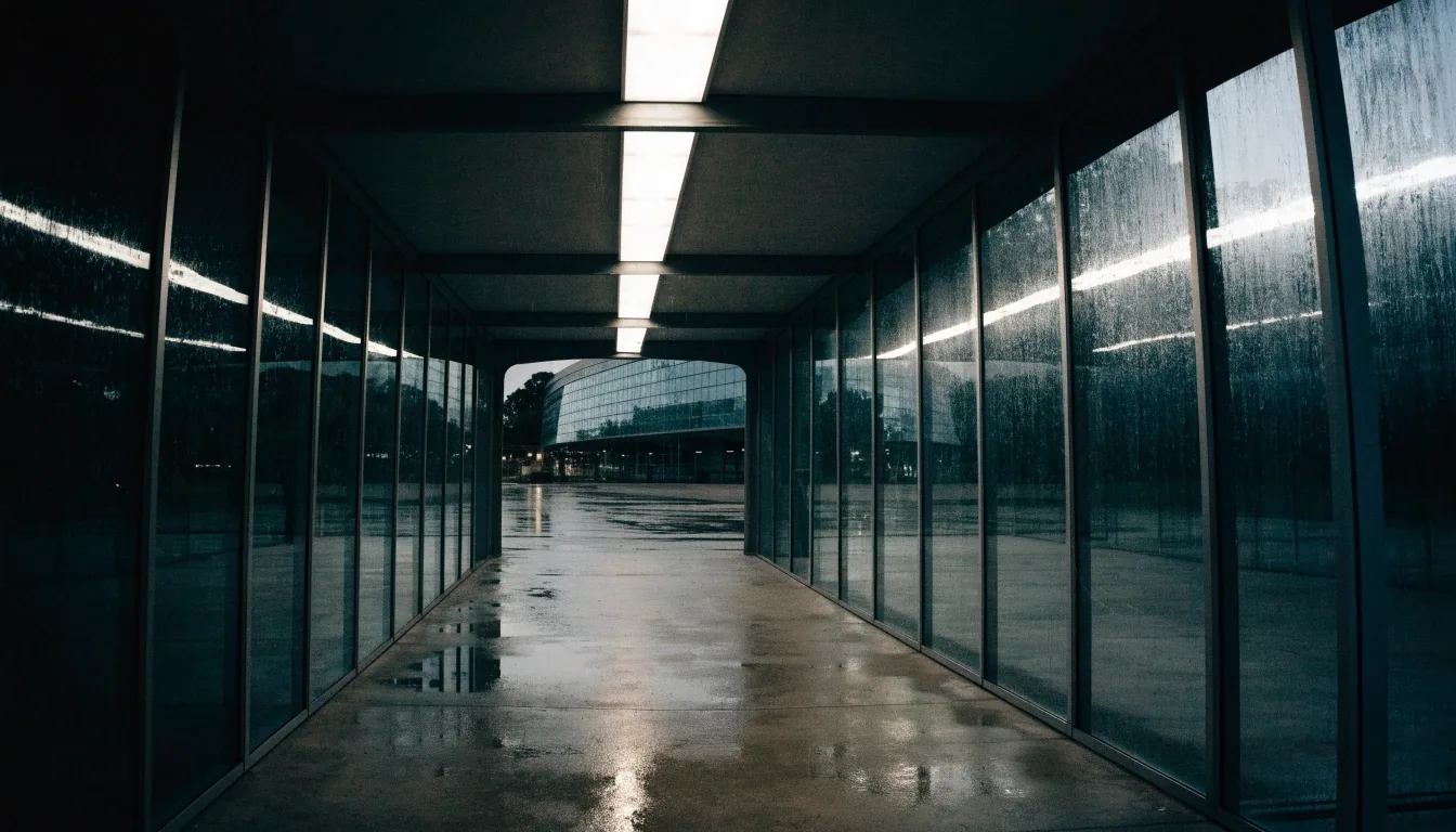 Covered airport walkway at night with fluorescent light