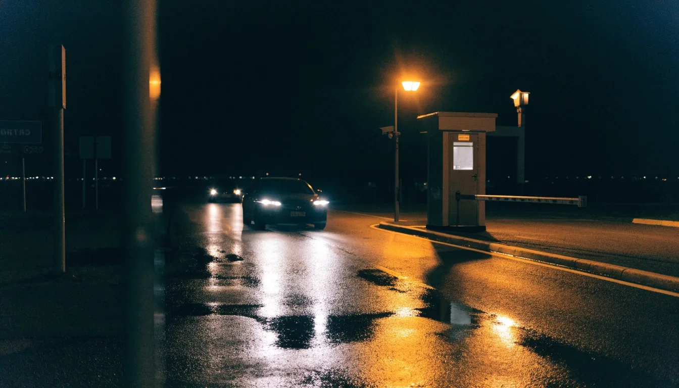 Melbourne Airport parking entry lane at night under sodium lights
