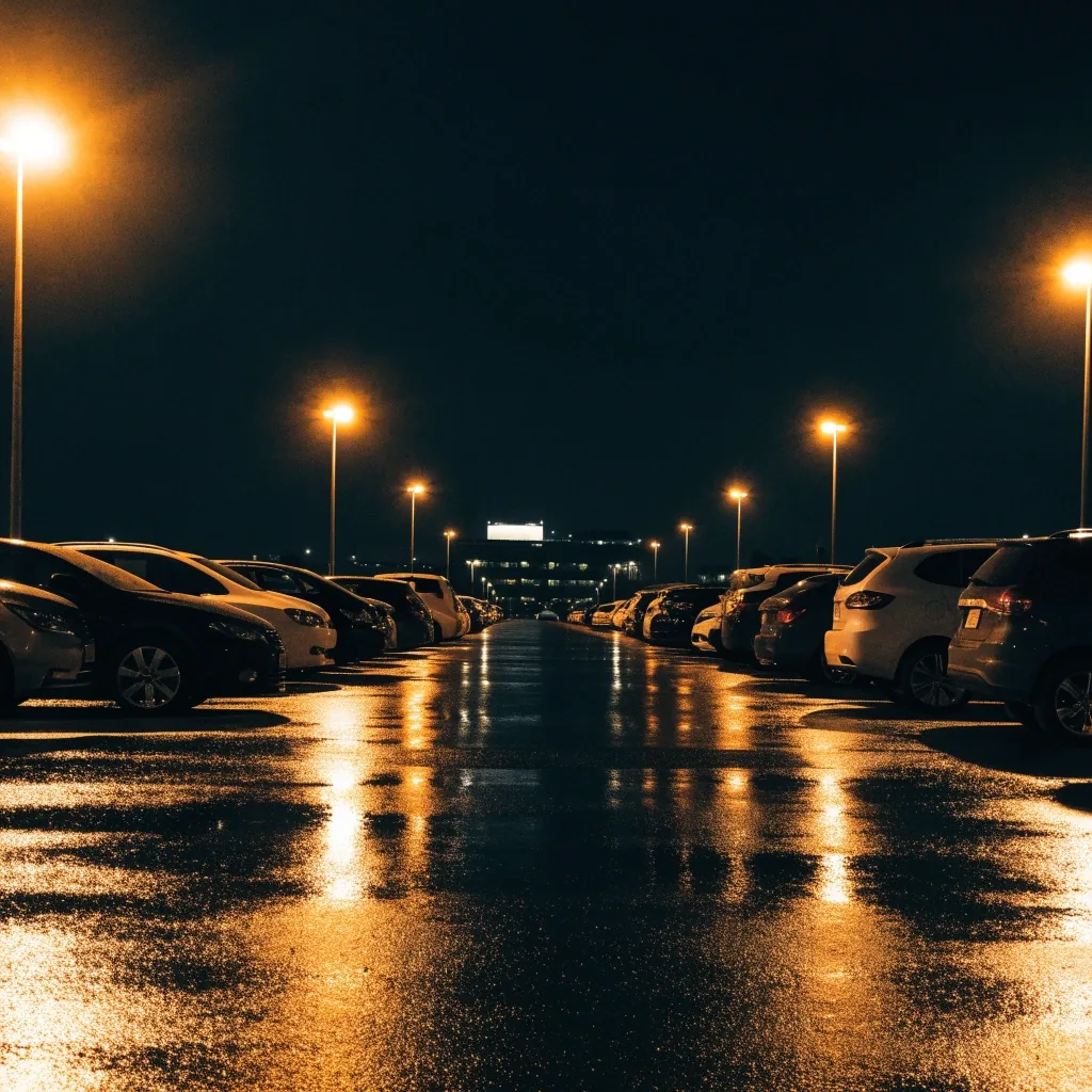 Open-air airport parking field at night under sodium lights