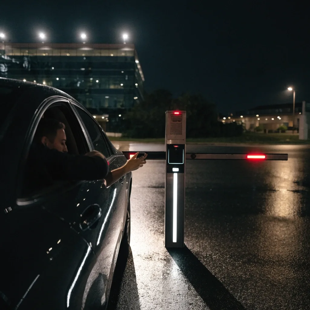 Car at a Melbourne Airport parking entry barrier at night