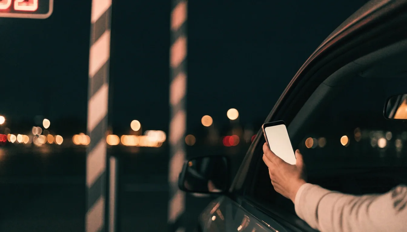 Phone glowing inside a dark car at Melbourne Airport parking entry at night