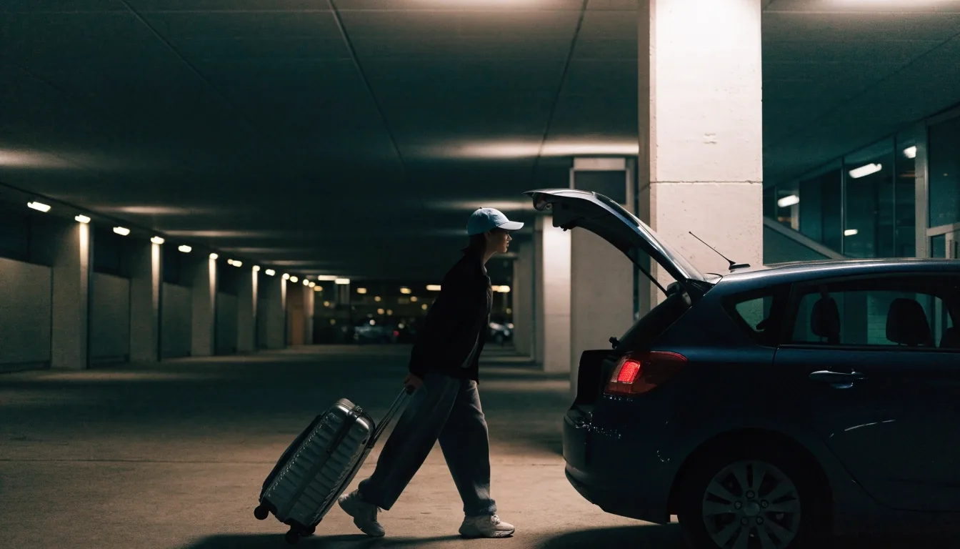 Night pickup kerb at Melbourne Airport arrivals with wet asphalt and warm light