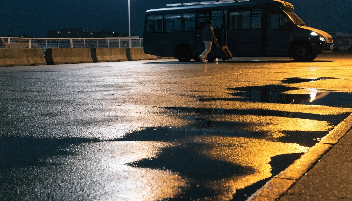 T4 shuttle transfer bay at night with idling bus