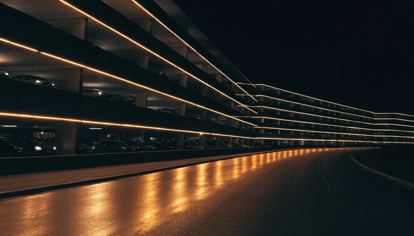 Melbourne Airport parking decks at night from the access road